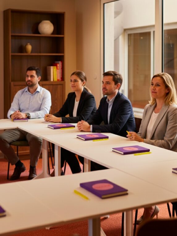 Four people in business attire are seated at training tables in the Orange Room of the Hôtel des Victoires in the Scool spaces, with purple notebooks and highlighters in front of them, listening intently.