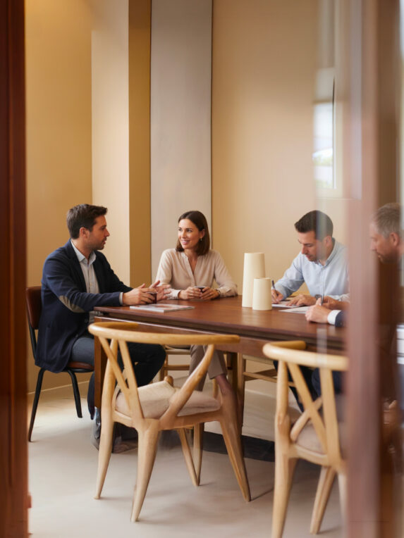 Four colleagues sitting around a wooden table in an office, seen through a glass partition; one is speaking while two others take notes.