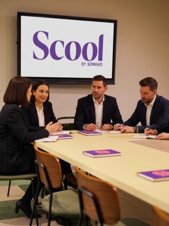 Work meeting: Five people in business attire seated around a large table, with a screen displaying “Scool by Soniho” in the background.