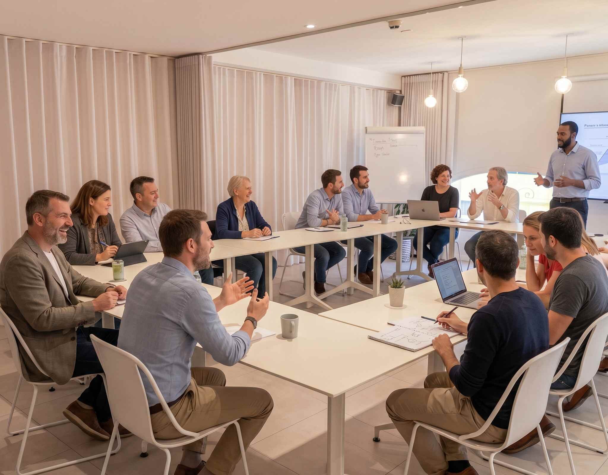 Groupe de professionnels en réunion autour de tables disposées en U, échangeant et écoutant un intervenant debout près d’un écran et d’un tableau.