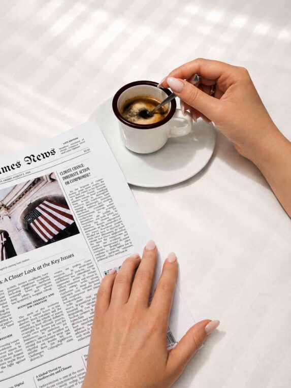 Main tenant une tasse de café à côté d’un journal posé sur une table blanche, dans une ambiance lumineuse et élégante.